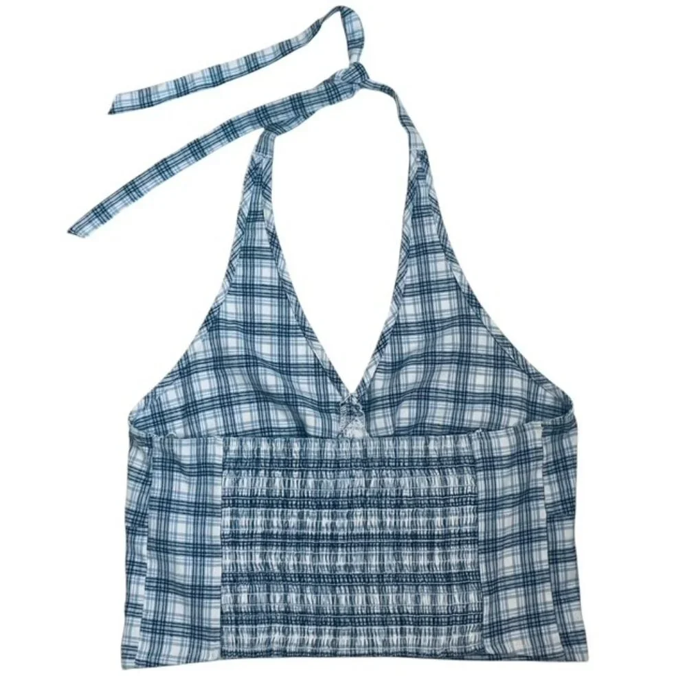 HOLLISTER Blue Plaid Halter Crop Top - Size Large